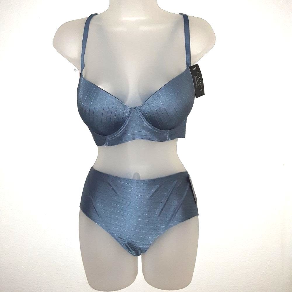 Youmita 36C China Blue Jacquard Stripe Push Up Bra and Large Seamless Panty NWT